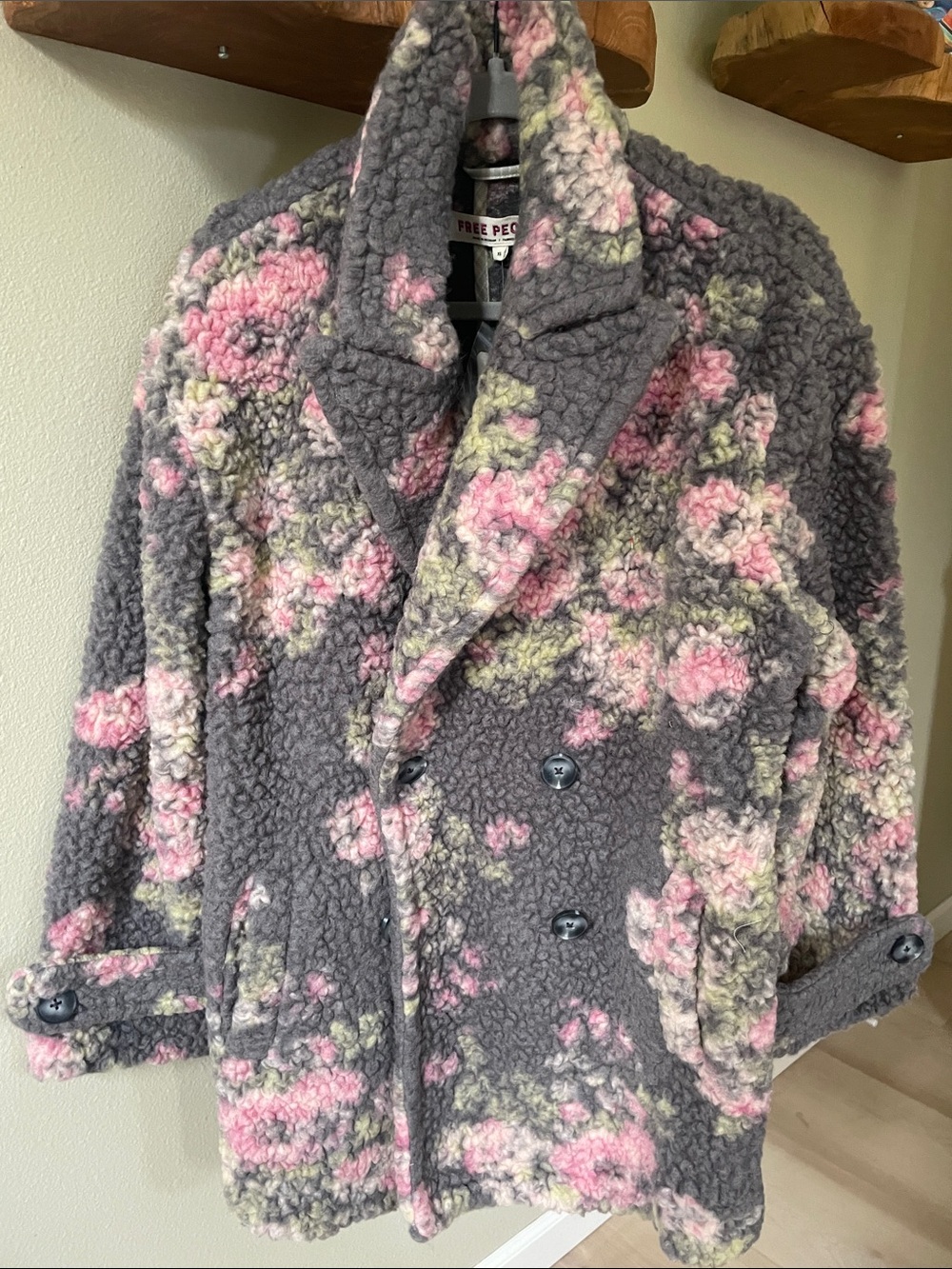 Free People Gray Floral Sherpa Jacket with Pink & Cream Blooms